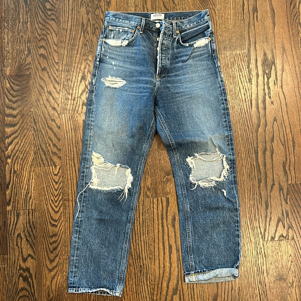 AGOLDE 90’s mid rise straight jean - ripped size 27 - dark blue